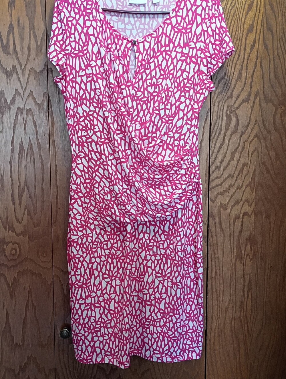 New York & Company Pink and White Drape-Front Printed Dress